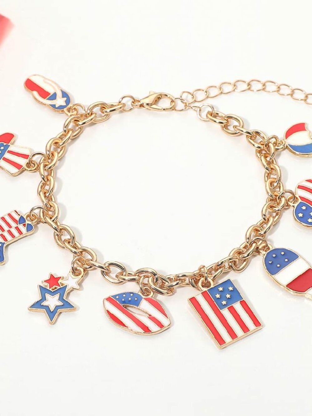 Patriotic USA Flag Charm Bracelet Gold Tone Heart Star Lip Hat Adjustable